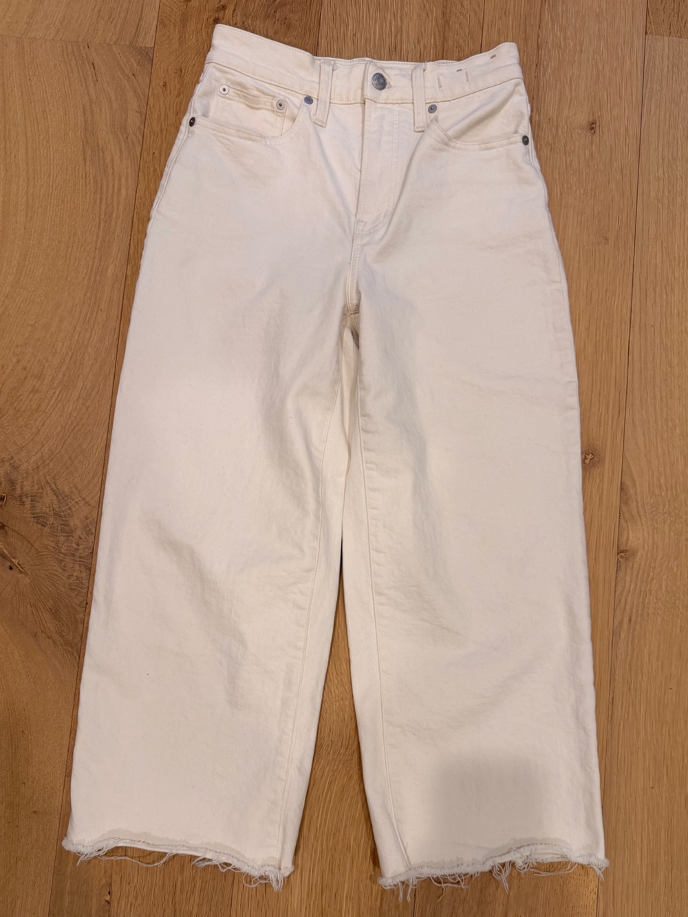 Madewell Cream Wide Leg Crop Jeans Raw Hem Stretch Denim Women’s